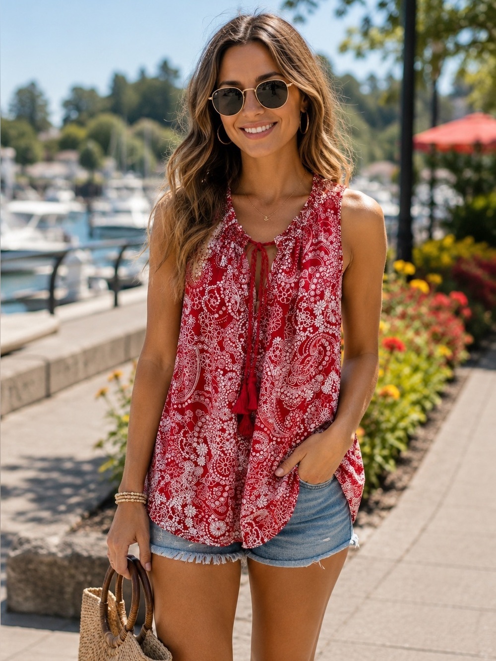 Joe Fresh Red Paisley Floral Sleeveless Blouse Boho Peasant Top Small